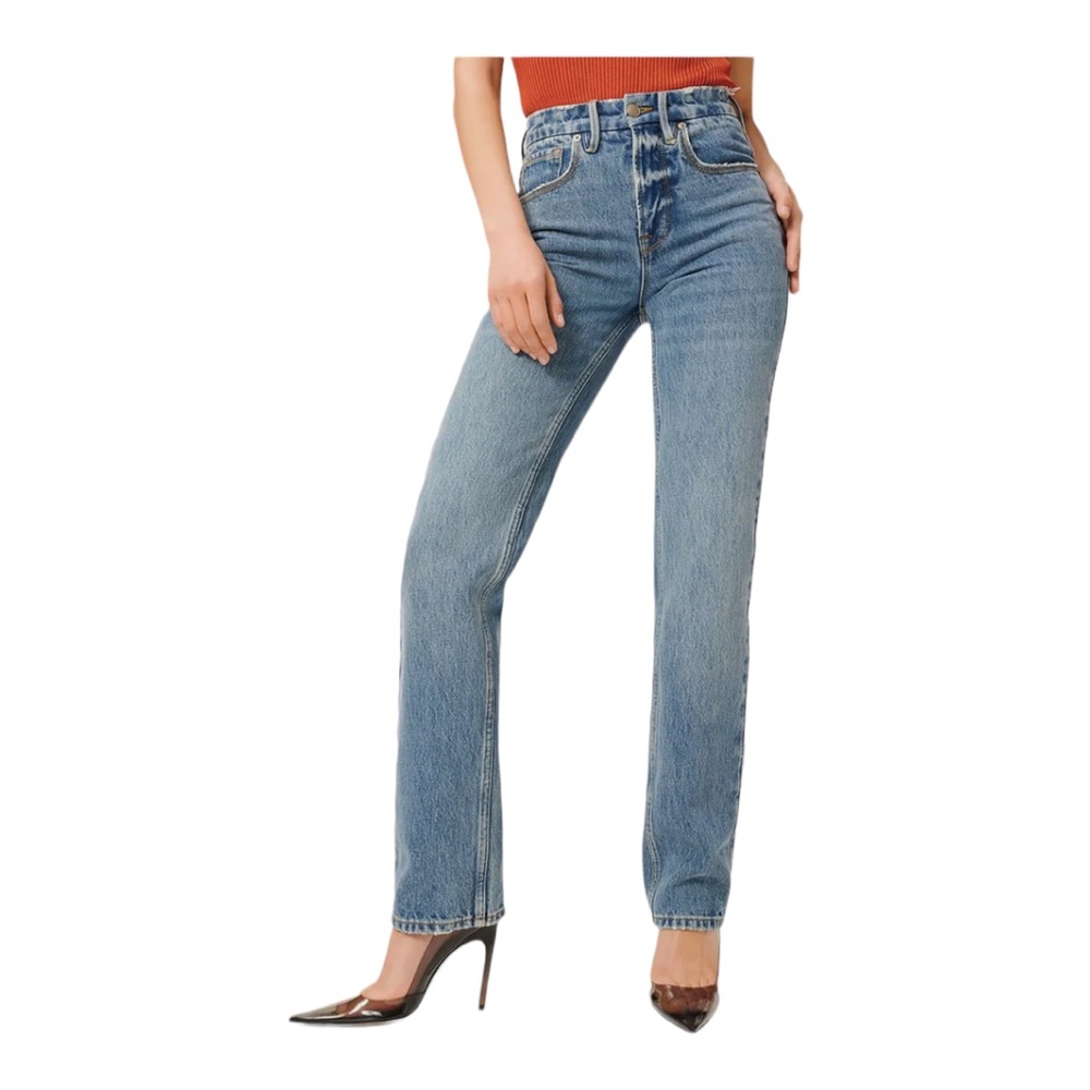 Good American 90'S Icon High Rise Distressed Straight Leg Jeans NWT